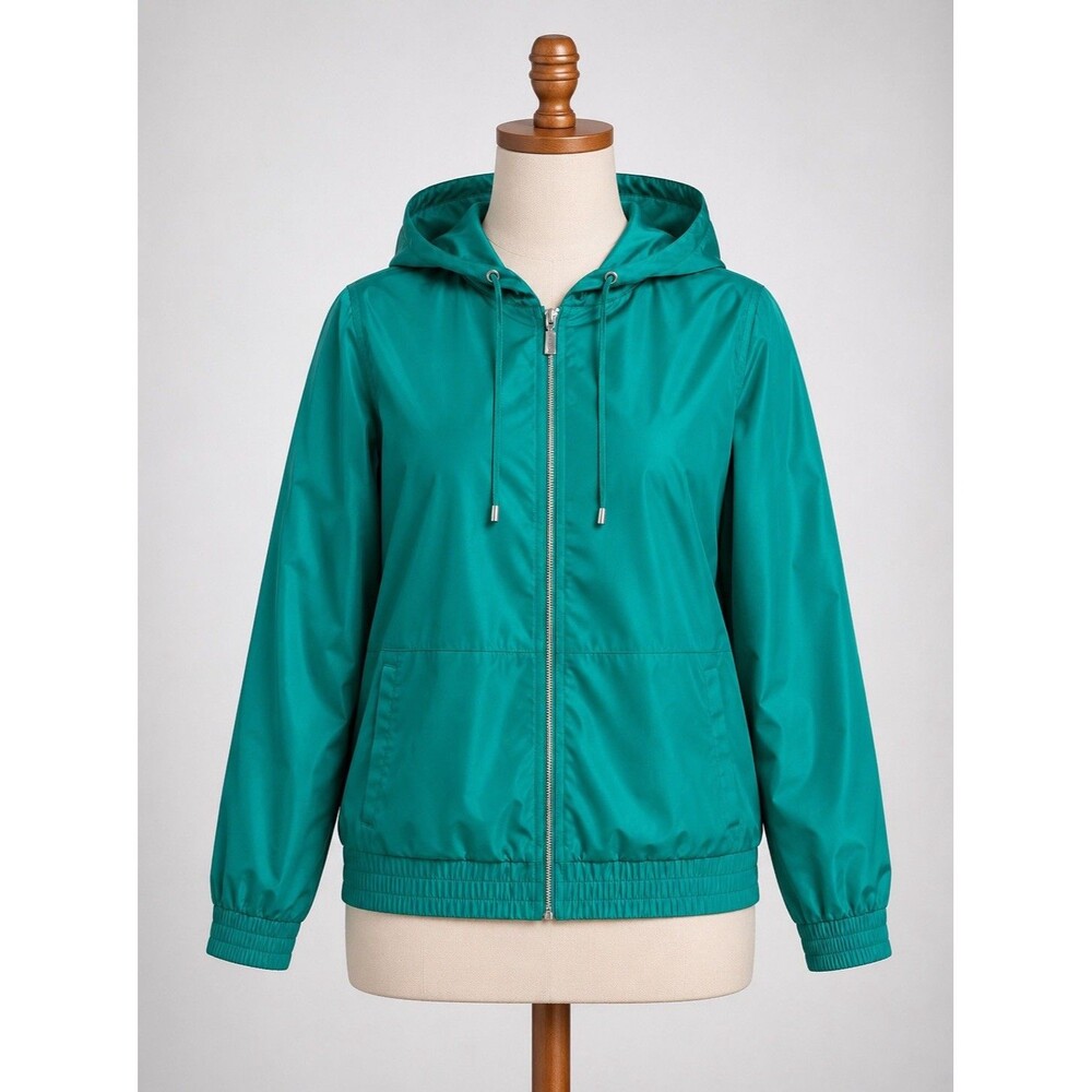Chico’s Zenergy Hooded Windbreaker Jacket Womens Sz 2 L Green Full Zip